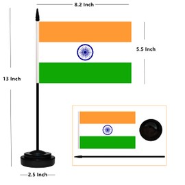 India Desk Flag Set, 2 Pack Indian Table Office Flags, Small Mini Desktop Flag With 12" Solid Black Pole, Black Base, Miniature Desktop Flag