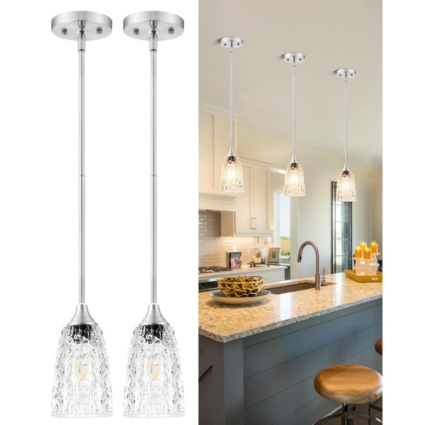 SADUENFR Brushed Nickel Pendant Lights Kitchen Island 2 Pack, Hammered