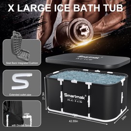 Smartmak Ice Bath Tub with Cover, Portable XL Large Cold Plunge Tub for Athletes, Cold Water Pod Tub Therapy and Recovery, Cold Immersion Training Baths at Home Outdoor Plunge Pool, Black