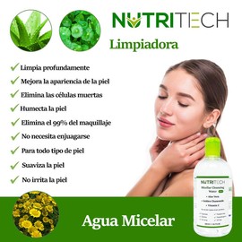Agua Micelar con Vitamina C, aloe vera, manzanilla y centella, ideal para limpiar y desmaquillar, no requiere enjuague, 500 ml.