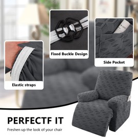 OKYUK Recliner Chair Covers - Stretch Jacquard Recliner Cover, Furniture Protector for Kids & Pets, Anti-Slip Recliner Covers with Side Pockets for Storage (Dark gray Checkered, 1 Seater)