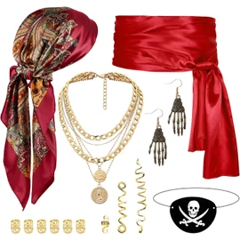 Disfraz Pirata Mujer, Accesorios Pirata Mujer y Hombre, Accesorios Disfraz Pirata de Halloween con Pañuelo En La Cabeza Cinturón de Faja Collar Parche Pendientes para Adultos y Fiestas de Cosplay