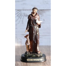 Ebros Gift Holy Catholic Saint Francis of Assisi with Dove and Deer Figurine Furnished with Brass Name Plate Base 5.75" H Monk Patron of Animals & Environment Servant of Christ Statue