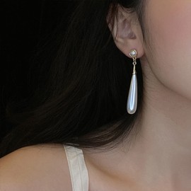 Clip On Earrings Gold Pearl Earrings Dangle Teardrop Earrings Long Chain Earrings Non Piercing Earrings for Women Girls Round Flower and Teardrop Shape Gifts for Wedding (Round and drop tear#2)