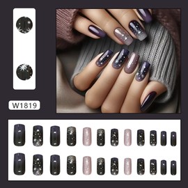 Press on Nails Medium Length Stars False Nails Artificial Nails Starry Sky Pattern Design Square Stick on Nails Press Nails with Charm French Fake Nails Gradient Acrylic Glue on Nails for Women