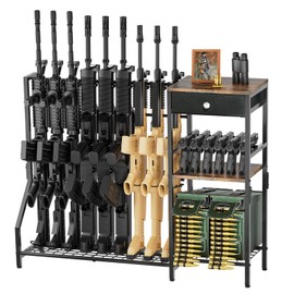 EnigmaSoul Indoor Gun Racks, Rifle Rack and Shotgun Floor Stand with Pistol Holder, Rustic Wood and Solid Metal, Vertical Gun Rack Holds up to 9 Long Guns and 6 Handguns for Home Garage Retail Shop
