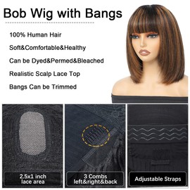 Bob Wig With Bangs Human Hair 1B/30 Highlight Wig Human Hair 2.5X1 inch 200 Density HD Lace Human Hair Bob Wig Glueless Human Hair Wigs For Black Women 12 Inch Short Bob Human Hair Wig With Bangs
