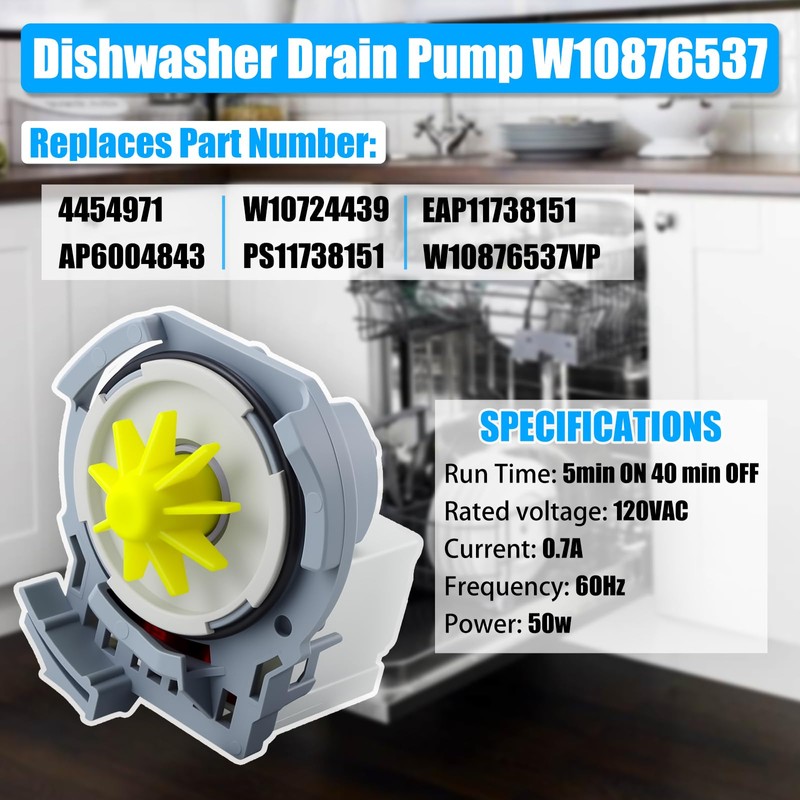 W10876537 Dishwasher Drain Pump for Whirl-pool Ken-more Kitchen-aid Dishwasher Pump