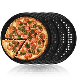SHUESS 4 Pcs Carbon Steel Pizza Trays - 12 Inch Pizza Baking Pan - Round Perforated Baking Trays - Pizza Trays for Oven Non Stick, Healthy and Durable, Dishwasher Safe (32 cm, Black)