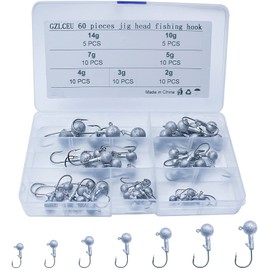 GZLCEU 60 pieces lead head fishing hooks, jig hooks set with round jig head for rubber fish for predatory fish, various sizes 2g, 3g, 4g, 5g, 7g, 10g, 14g