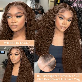 Chocolate Brown Lace Front Wigs Human Hair 13x6 HD Deep Wave 200 Density Deep Curly Lace Frontal Glueless wigs for black women Pre Plucked with Baby Hair Natural Hairline (Chocolate Brown, 32inch)