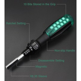 Deselen Ratchet Screwdriver with Magnetic 10 Bits, 10 in 1 Mini Screwdriver Set Pocket Design, Multi Tool Bit Holder in a Grip, Tool Kits for Home, Green, 1 Pack