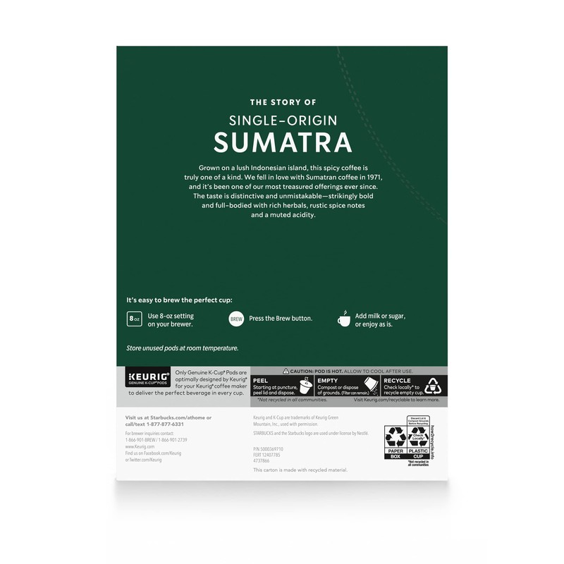 Starbucks K-Cup Coffee Pods, Dark Roast Coffee, Sumatra for Keurig