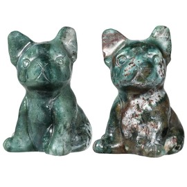Nupuyai 2pcs Moss Agate Mini Crystal Stone Statue Hand Carved Animal Dog Puppy Set, Energy Healing Stone Figurine Ornament Home Office Decor