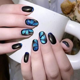 Dark Blue Glitter Press on Nails Butterfly False Nails French Tip Full Cover Fake Nails Glossy Medium Oval Acrylic Nails Artificial Stick on Nails for Women