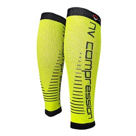 NV Compression Essential Race and Recover Calf Guards/Sleeves (PAIR) 20-30mmHg - For Sports Recovery, Shin Splints, Medical, Work, Flight - Running, Cycling, Gym (Fluo Yel/Black Stripes, S-M)