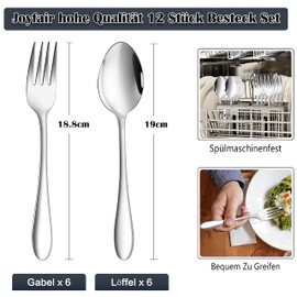 Joyfair Fork and Spoon Set, 12 Pieces Stainless Steel Cutlery Set for Home/Restaurant/Hotel, Highly Polished & Dishwasher Safe, 6 Tablespoons (18.8 cm) + 6 Table Forks (19 cm)