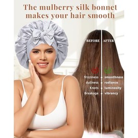 AWAYTR AWAYTR Silk Bonnet for Sleeping Women - 100% Mulberry Silk Bonnet with Band 2 Layer Reversible Hair Bonnet Sleeping Hair Wrap (Black/Silver Grey)