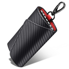 LacRaf Carbon Leather Key Case, Men's, Women's, Cowhide Leather, 6 Rows of Keyring, Removable, Smart Key, Card Pocket, red