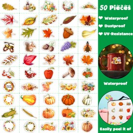 Fall Leaf Pumpkin Stickers 50Pcs Thanksgiving Autumn Maple Leaves Decal Stickers, Waterproof Vinyl Stickers for Water Bottles Laptop Cup Computer Harvest Autumn Decals Party Supplies Classroom Decor