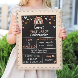 First Day of School Sign (11.5"x15"), Reusable Chalkboard, Easy to Clean with Real Wooden Ruler Frame, Perfect for Back to School, First Day of Kindergarten (Rainbow Hearts Earthy)