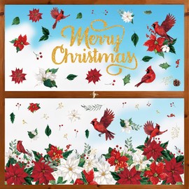 Horaldaily 126 PCS Christmas Window Cling Sticker, Red Poinsettia Birds for Home Party Supplies Shop Window Glass Display Decoration