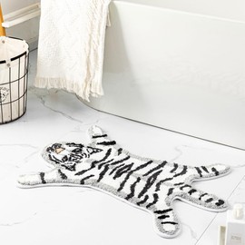 Tiger Bath Mat for Bathroom, Cute White Tiger Cartoon Non Slip Animal Shaped Absorbent Small Bathtub Rug Bathroom Decor Aesthetic Plush Shower Rugs 21.4inx32.2in