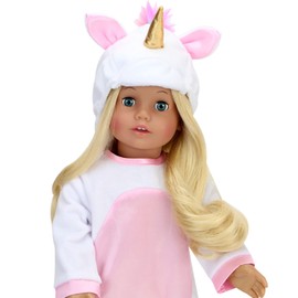Sophia's 2 Piece Unicorn Costume with Enclosed Feet and Rainbow Tail Plus Hat with Mane, Ears and Gold Horn for 18 Inch Dolls, White