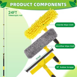 Opow 284'' Window Squeegee with Telescoping Extension Pole, 2 in 1 Shower Cleaning with Telescopic Pole, Extension Washing Tool with Rotating Head for Indoor/Outdoor High Window Glass