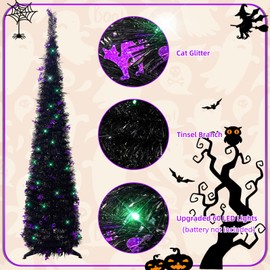 Pop up Christmas Tree for Indoor Decoration 5FT Pre-lit Mini Hallween Tree with 60 Lights,Lighted up Black Artificial Pencil Tree with Purple Cat Glitter,Collapsible Tinsel Christmas Tree