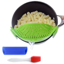Clip On Kitchen Food Strainer for Spaghetti, Meat, Pasta, & Ground Beef Grease, Colander & Sieve Snaps or Clips Onto Bowls, Pots & Pans Includes Silicone Drainer, Brush & Garlic Peeler (Green)