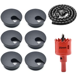 Surf turtle Desk Grommet 6 Pack 1-3/8inch(35mm) Black Flexible Cable Cord Grommets,Bi-Metal Hole Saw Kit with Cord Wrap Coiled Tube Management,2 m Cable Sleeve Organizer with Table Hole Cover