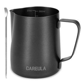 Milk Frothing Pitcher, 20oz Stainless Steel Milk Frother Cup Steaming Pitcher, Coffee Bar Cappuccino Espresso Machine Accessories Barista Tools, Metal Pitcher Milk Jug with Latte Art Pen, Matte Black