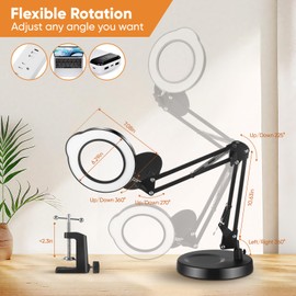 LED Magnifier with Light and Stand for Repair, 15 x Magnifying Lamp, 2-in-1 Magnifying Lamp with Base and Clip, Magnifying Lamp with 5 Colour Modes, Continuous, 360° Swivelling Arm Hands-Free Reading