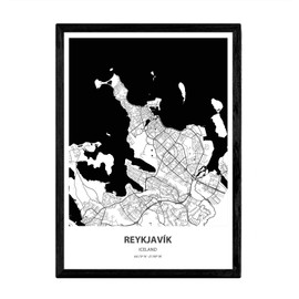 Nacnic Poster with map of Reykjavik - Iceland. Sheets cities of northern Europe with seas and rivers in black color. A3 size