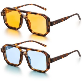 J.Fée Sunglasses Men Retro Sunglasses Women Vintage Fashion Men Women Sunglasses Lightweight Double Bridge Sunglasses UV400 Protection, Leopard #orange blue