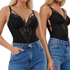 Popilush Lace Body Suits Womens Shapewear Tummy Control Corset V Neck Thong Bodysuit Underwired Side Zipper Party Club Going Out Outfits Black