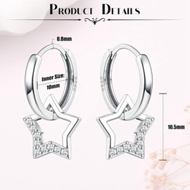 JeweBella Earrings Silver 925 Girls Hanging Colourful Zirconia Small Hoop Earrings with Star Pendant Cute Drop Hanging Star Earrings for Girls Children Women, Sterling Silver