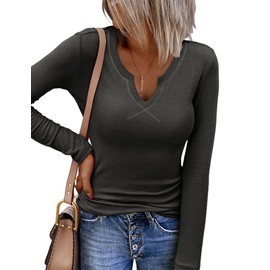 Zeagoo Basic Tees for Women Fall Rib Knit Thermal Top Pullover Solid Stretch Shirts Casual Workout Yoga Tunic T Shirts Tops Dark Grey Large