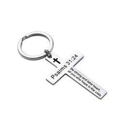 Ldurian Cross Keychain for Women - Psalms 31:24 Holy Bible Quote Cross Keychains Stainless Steel Religious Key Rings Bible Verse Keychain Jewelry