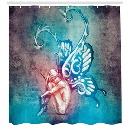 Ambesonne - Cortina de ducha de mariposa, con alas de mariposa, renovación de la psique del renacimiento femenino, ligereza del ser, tela de tela, juego de decoración de baño con ganchos, 69 pulgadas de ancho x 75 pulgadas de largo, azul morado