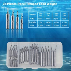 36pcs Fishing Weights Kit, No Snag Skinny Pencil Shaped Fishing Sinkers, Suitable for Catfishing Equipment Drop Shot Weights Assortment, Snagless Sinker Rig for Anglers, HK5000