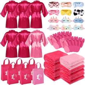 Bonuci 36 Pcs Spa Party Supplies for Girls Birthday 6 Set Sleepover Party Satin Robes 6 Slumber Throw Blankets Kids Kit Pack(Rose Red and Pink)