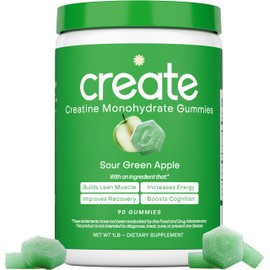 Create Creatine Monohydrate Gummies for Men & Women, Boost Focus, Strength, and Endurance, Anti-Melting Formula, Vegan, Gluten-Free, Non-GMO, 1.5g of Creatine per Gummy (Sour Green Apple)