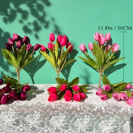 Shyshining Artificial Fake Flowers for Spring Summer Outdoor Decoration,6 Bundles Realistic UV Resistant Silk Fabric Colorful Tulip Faux Plants for Outside Planter Home Porch Patio Decor(Pink Purple)