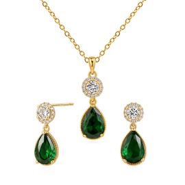 Watforsh Emerald Earrings and Necklace Set for Women Green Teardrop Crystal and Pendant Necklace for Prom Wedding Anniversary Birthday Jewelry