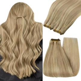 YoungSee Weft Hair Extensions Real Human Hair Blonde Highlight Remy Human Hair Weft Extensions Dark Ash Blonde Highlighted Light Blonde Comfortable Sew in Human Hair Extensions 20Inch 100G