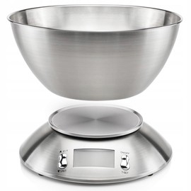 LTC LCD Kitchen Scales WG117 Precision Kitchen Scales with Bowl and Display - Integrated Timer - Integrated Thermometer - Silver Grey - 215 x 215 x 130 mm