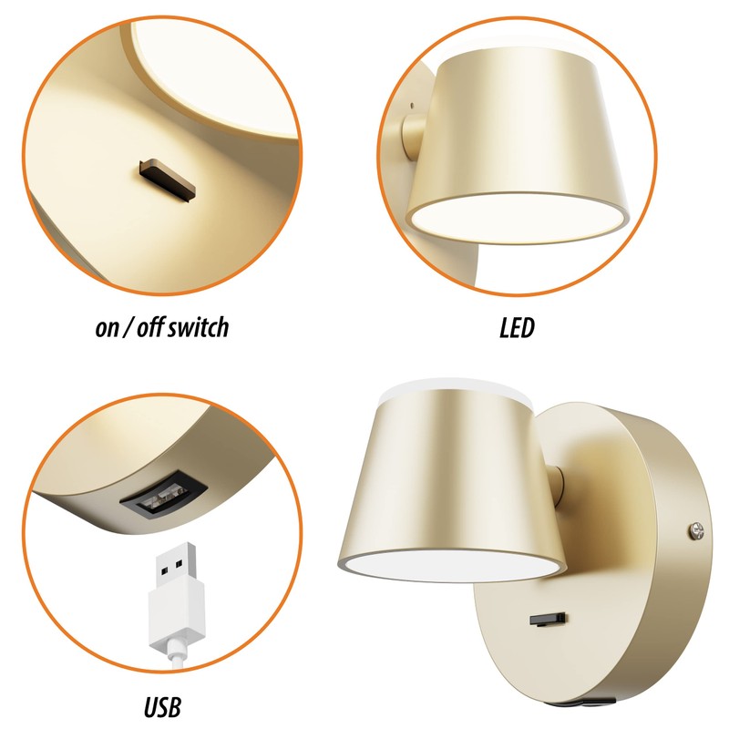 URSOLA Wall Light LED Wall Sconce with On/Off Switch USB