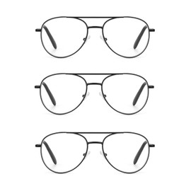 EYE ZOOM 3 Pack Aviator Style Metal Frame Blue Light Blocking Reading Glasses (Black, +1.50 Strength)